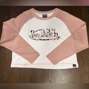 Von Dutch Long Sleeve Pink and White Tee Cropped
